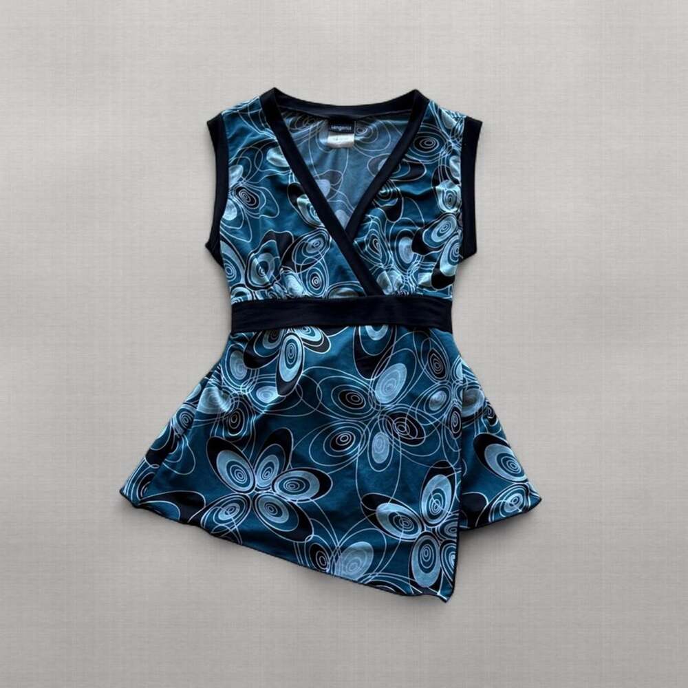 Vintage Y2K Tangents Womens M Blue Swirl Floral Wrap Top Tie Waist Sleeveless